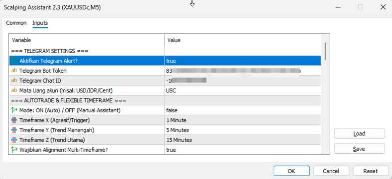Input Token dan Chat ID di MT5
